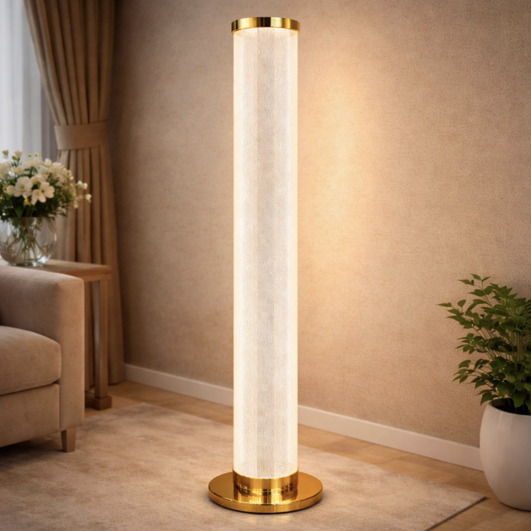Tall illuminated column floor lamp in a warm residential interior