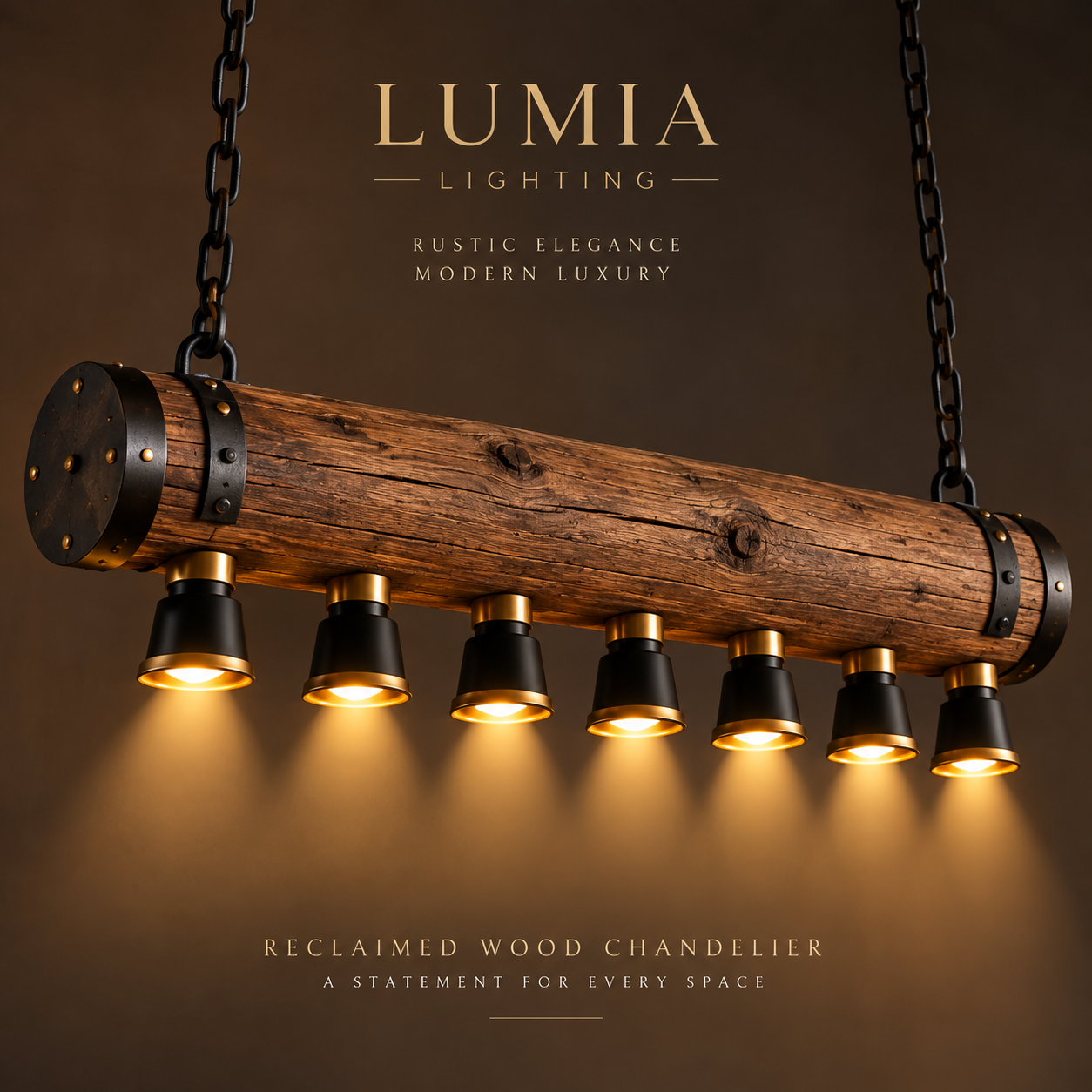 Reclaimed wood beam chandelier with iron bands and black gold-rimmed downlights