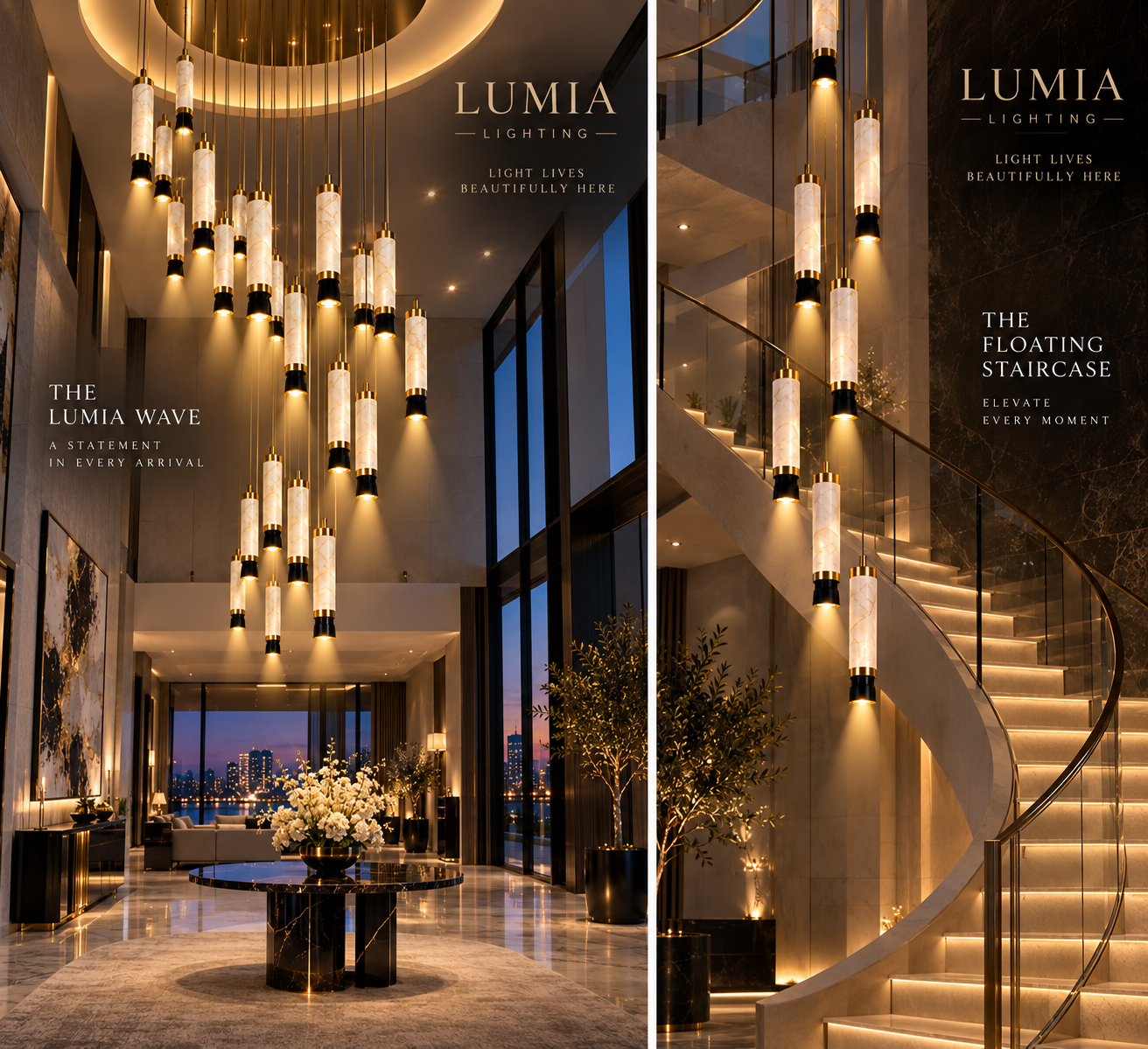 Cascading marble cylinder chandeliers above a hotel lobby and floating staircase