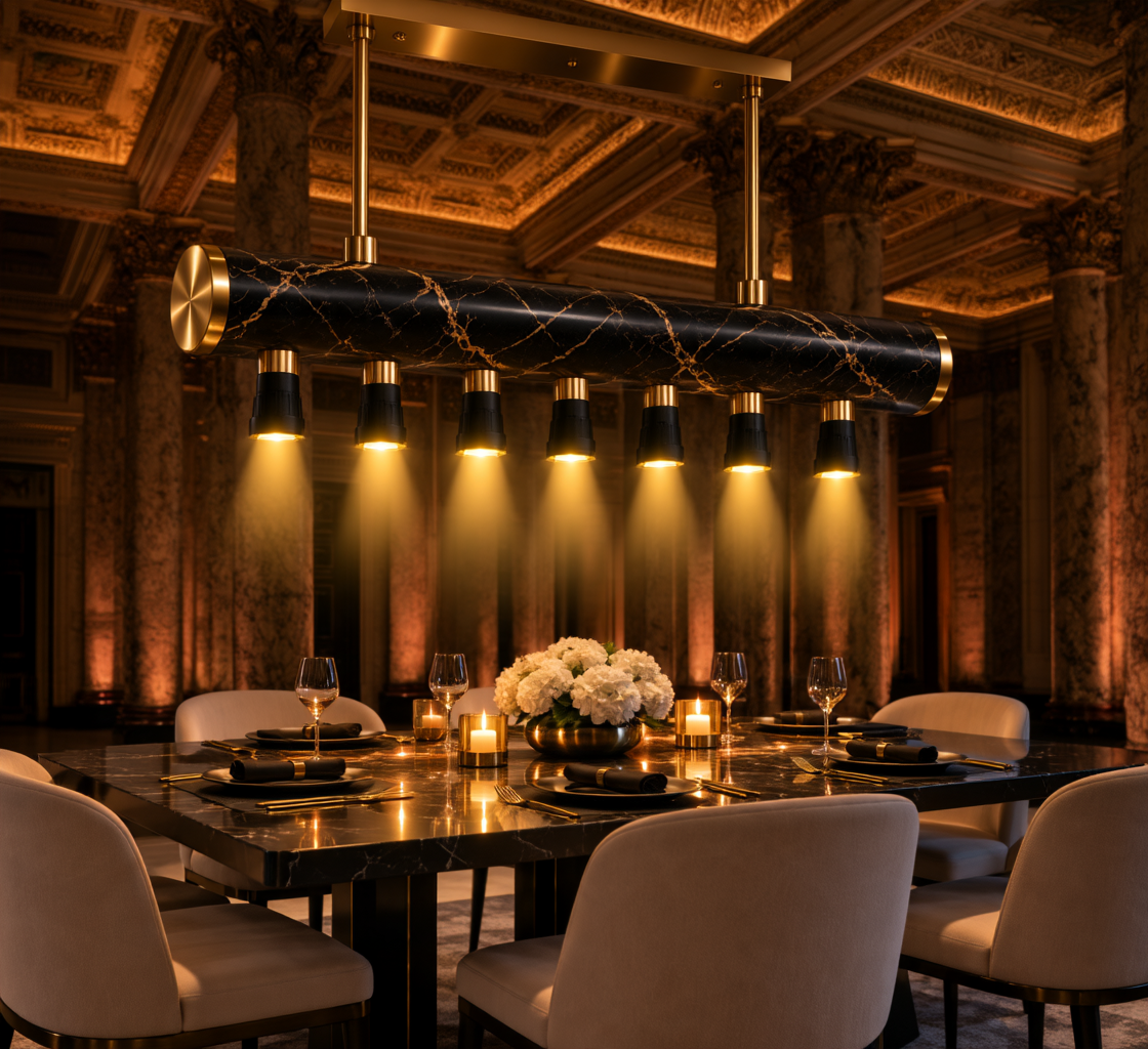 Black marble and gold Lumia chandelier illuminating an ornate private dining room