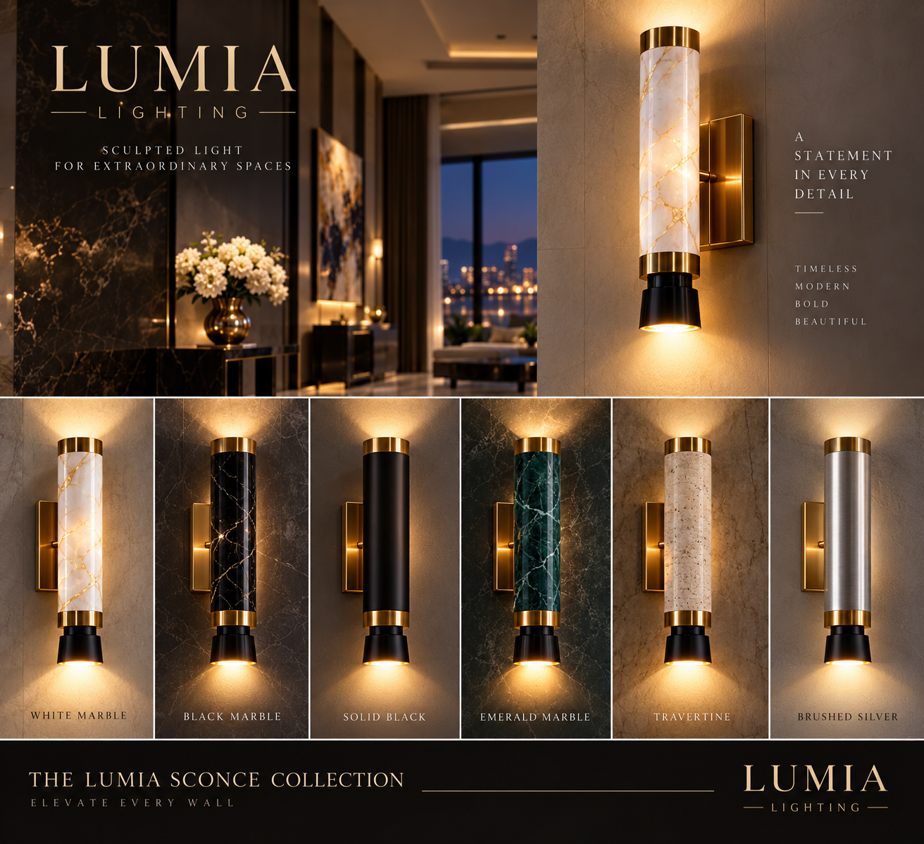 Lumia wall sconce in white marble with gold accents, shown in six materials