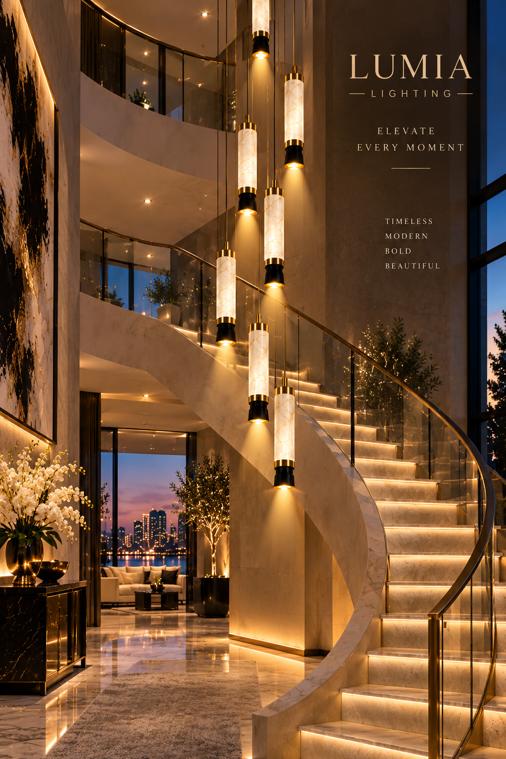 Cascading marble cylinder pendants beside a curved staircase in a grand entry at dusk