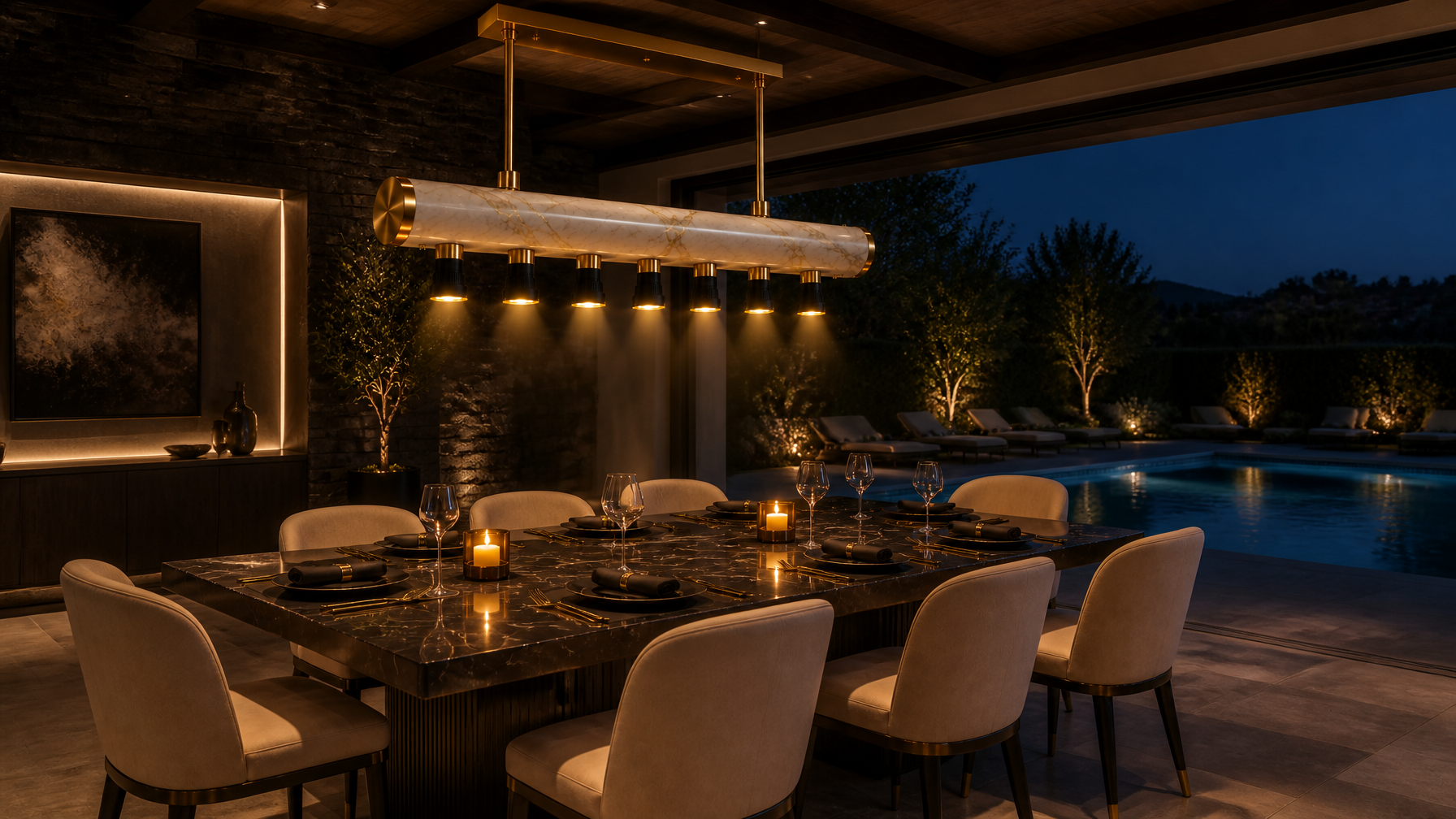 White marble linear chandelier with black veining and black shades above a dining table beside a pool at dusk
