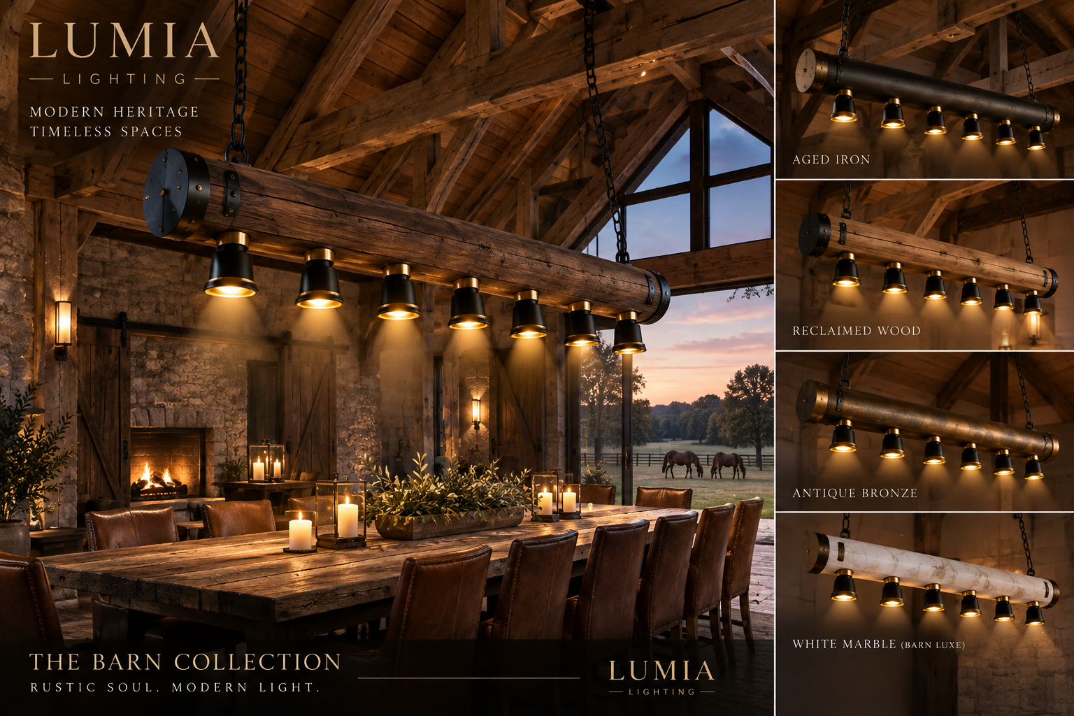 Reclaimed wood beam chandelier with black and gold downlights in a grand barn dining room